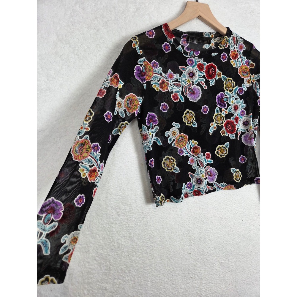 Womens Black Fairy Grunge Whimsigoth Floral Sheer Mesh Long Sleeve Crop Top Sz M - Picture 3 of 6